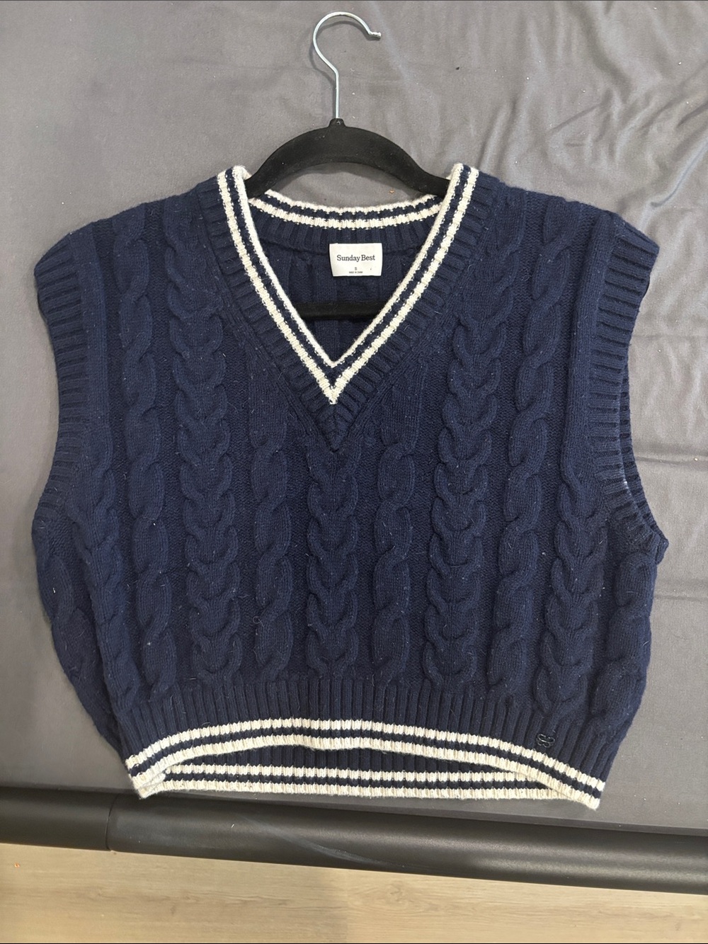 Sunday Best Navy Cable-Knit V-Neck Sweater Vest with White Trim